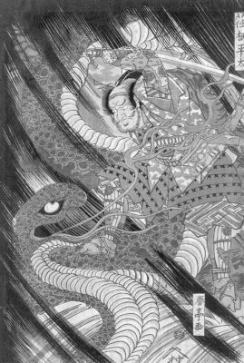 Кацукава Сюнтэй. Битва воина с гигантской змеей. Ксилография (ок. 1820-х.