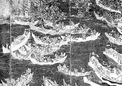 Морское сражение между Тайра и Минамото в заливе Данноура (1185 г.). Раасписная