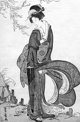 Утагава Тоёхиро. Гейша, стоящая на ветру. Ксилография (1805 г.).