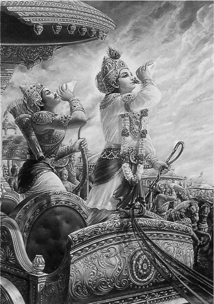 Арджуна и Кришна в битве на Курукшетре. Индийская миниатюра.