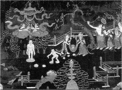 Семь символических шагов Шакьямуни. Тибетская миниатюра (XVIII в.).